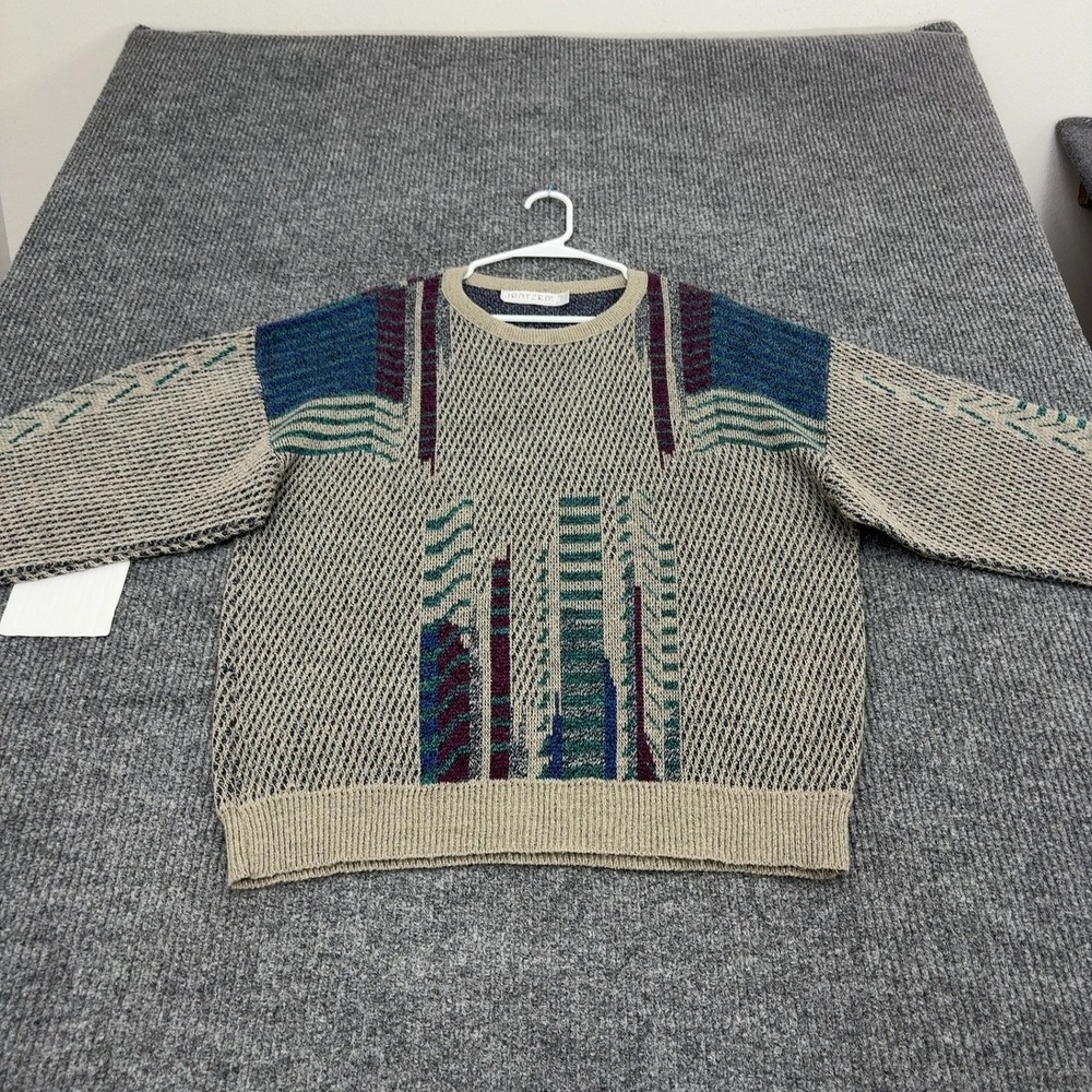 Vintage Jantzen Sweater Mens L Tan Acrylic Geometric Crew Neck Retro Coogi Style